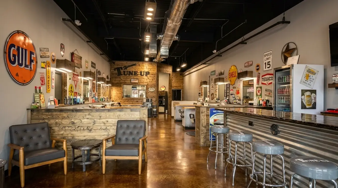 Inside EverCutz in Murphy, TX: barber chairs, mirrors and the waiting lounge